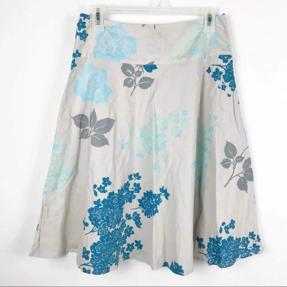 Style UK Floral A-Line Midi Skirt Blue Teal Grey Cotton Size 4 Side‎ Zip Casual